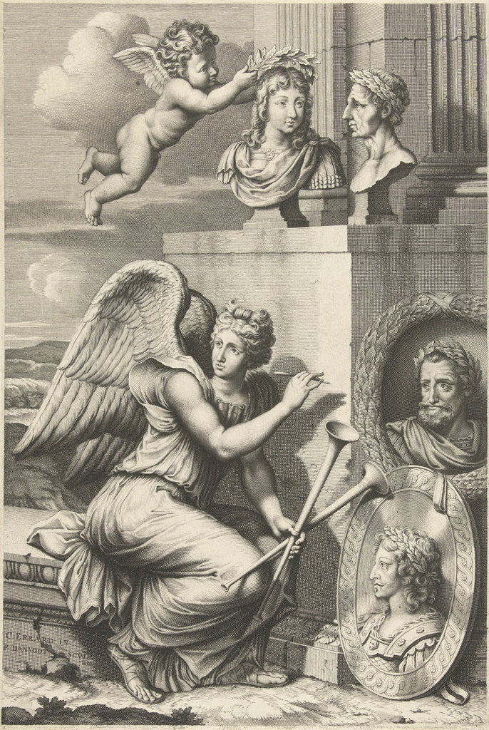 Detail of Fame sitting at portraits of rulers with laurel wreaths by Charles Errard fils