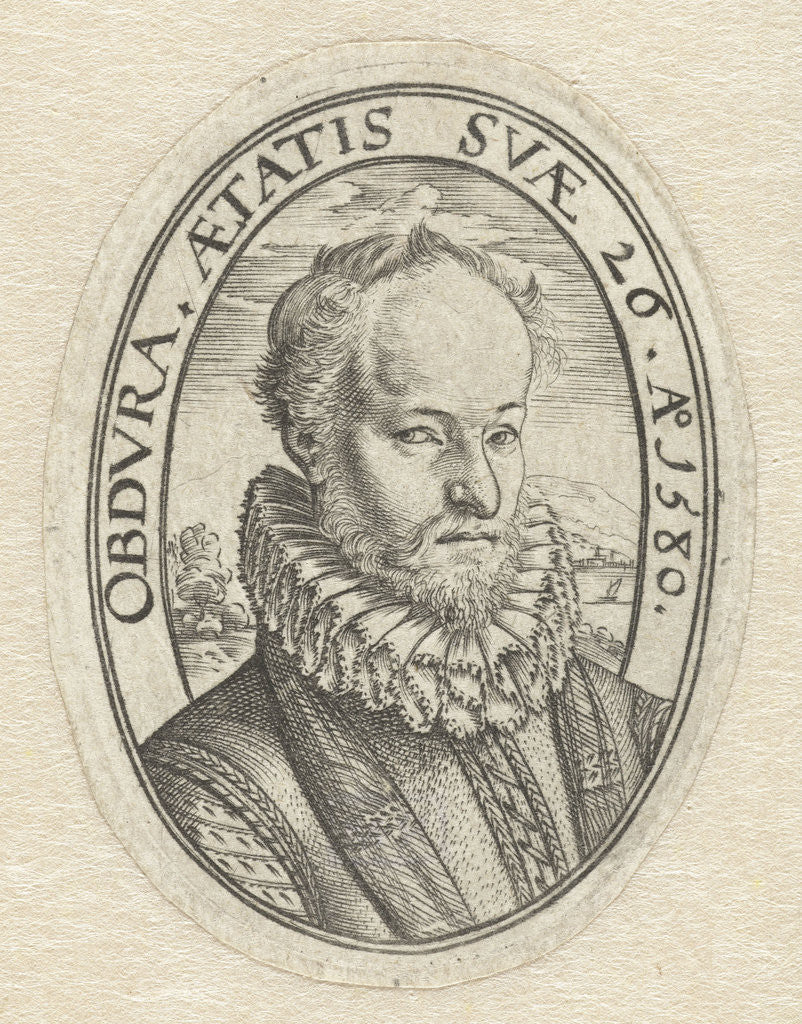 Detail of Portrait Bust of a young man with a beard, in oval with Latin inscription, Belongs to a family crest by Hendrick Goltzius