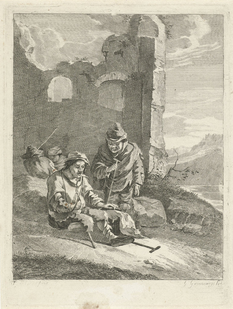 Detail of Four figures in a ruin by Gerrit Groenewegen