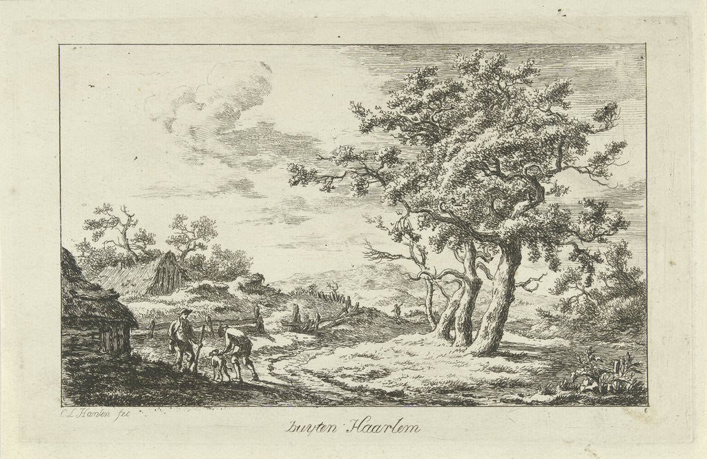 Detail of Hunters with a dog on a path by Carel Lodewijk Hansen