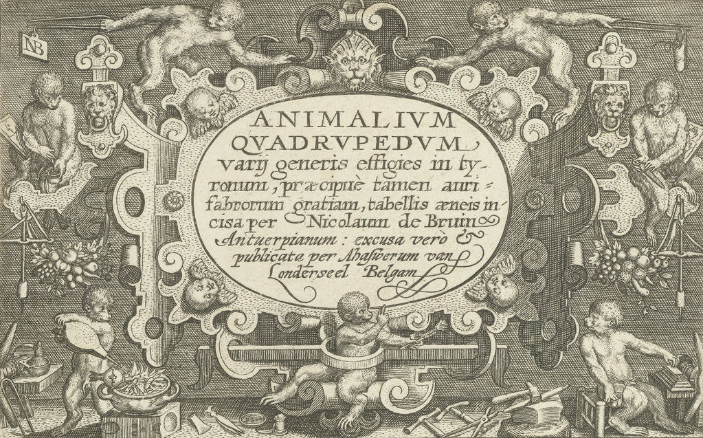 Detail of Title print with title cartouche surrounded by monkeys to work as a goldsmith by Assuerus van Londerseel