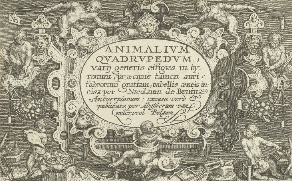 Detail of Title print with title cartouche surrounded by monkeys to work as a goldsmith by Assuerus van Londerseel