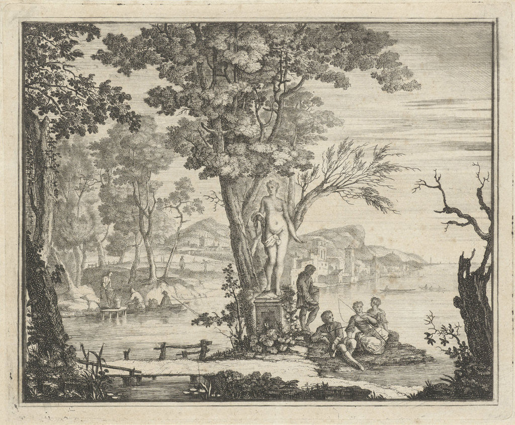 Detail of River landscape with anglers at a statue of Venus by Gerard Melder