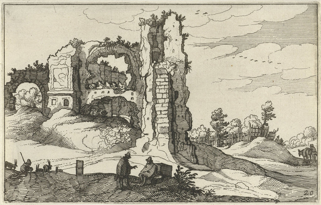 Detail of A ruin with a gate, perhaps the Porta Furba in Rome Italy by Willem van Nieulandt II
