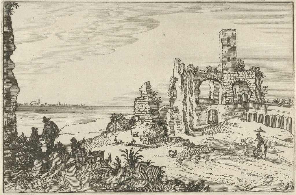 Detail of Ruin with arches and a tower on the waterfront by Claes Jansz. Visscher II