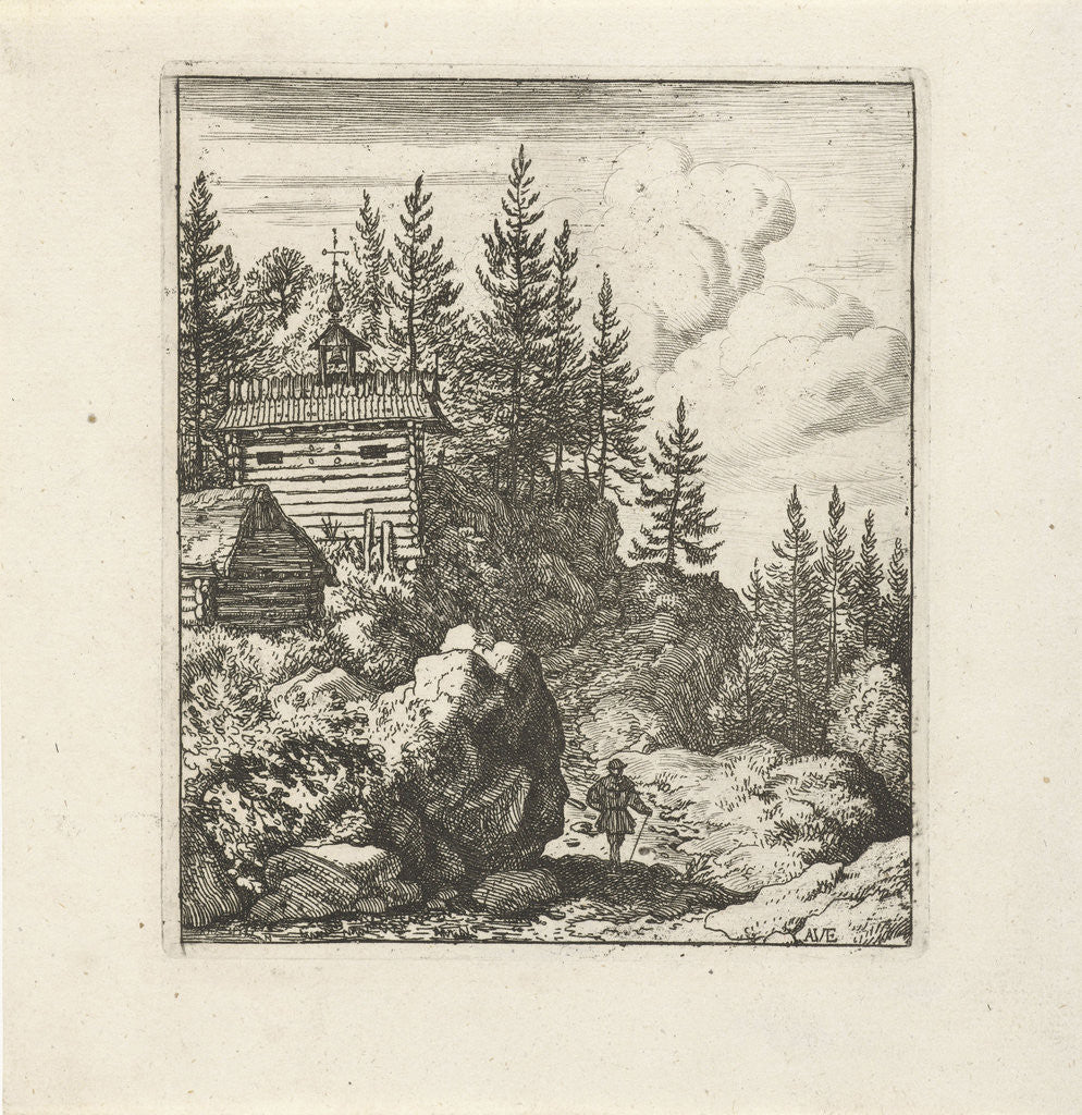 Detail of Mountain landscape with wooden chapel, on the path, next to a large rock, stands a walker by Allaert van Everdingen