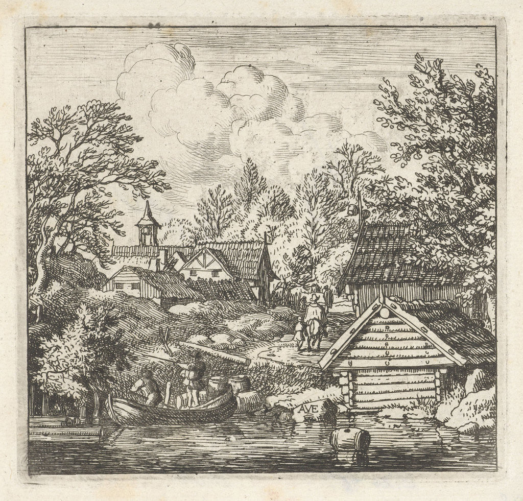 Detail of View of a village on the water, in the foreground two men in a boat and on the shore a few wooden barrels by Allaert van Everdingen