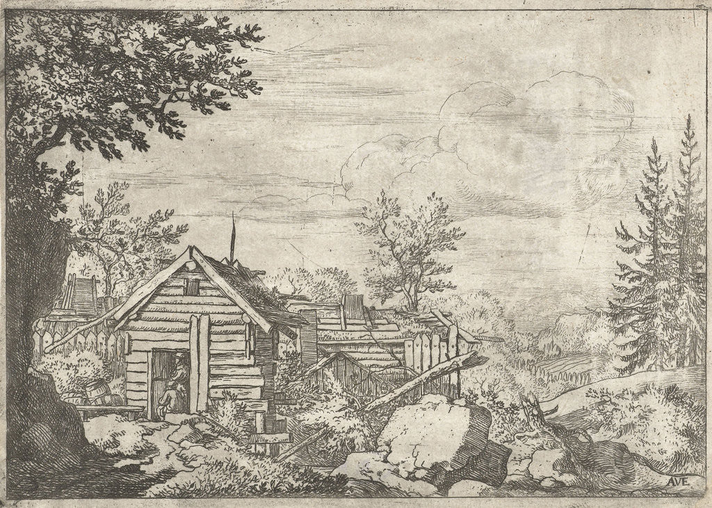 Detail of Landscape with two men in the doorway of a wooden hut by Allaert van Everdingen