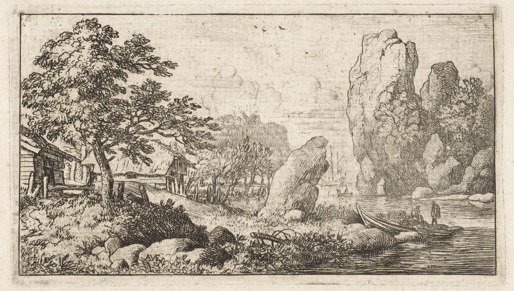 Detail of Landscape with rock by the water by Allaert van Everdingen