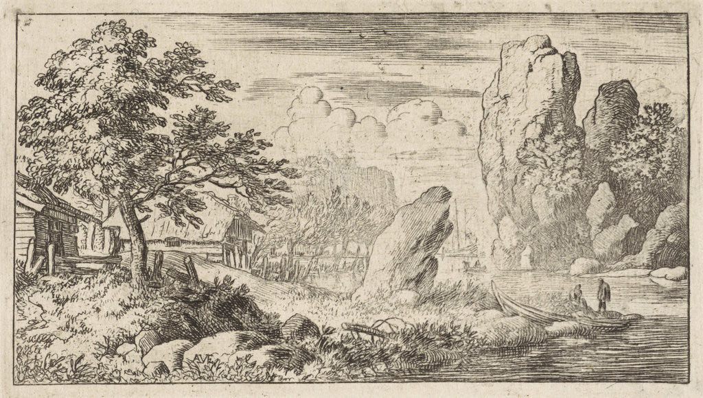 Detail of Landscape with rock by the water by Allaert van Everdingen