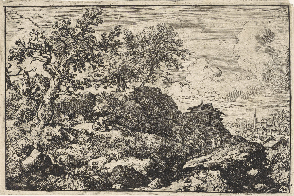 Detail of Mountain landscape with person sitting on mountain by Allaert van Everdingen