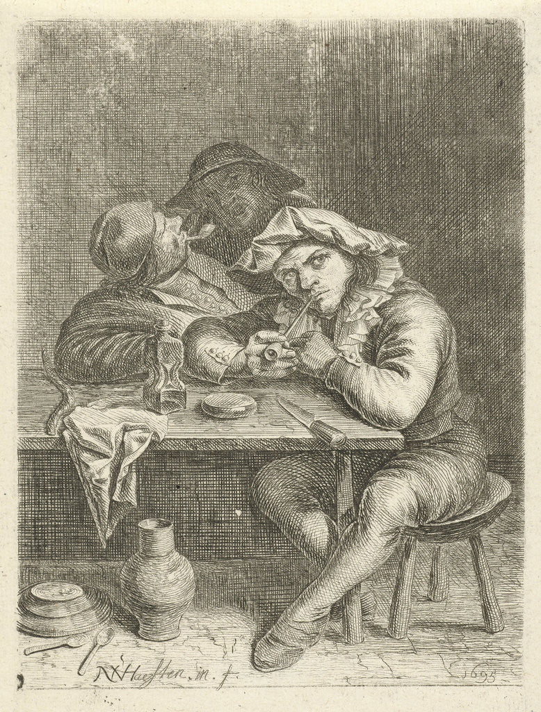 Detail of Two smoking at a table by Nicolaes van Haeften