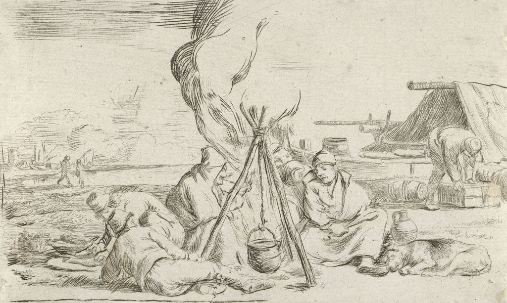 Detail of Five soldiers around a campfire by Jan van Ossenbeeck