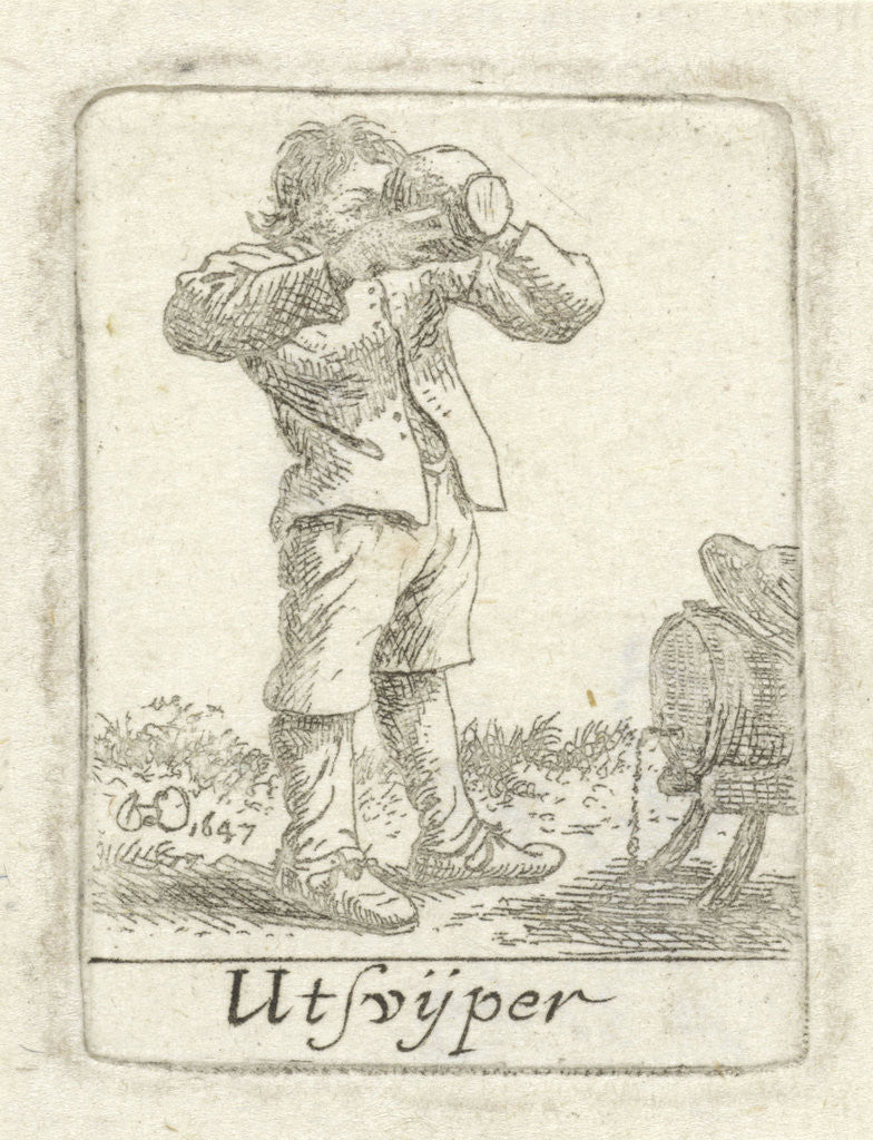 Detail of Drinking man next to a barrel by Herman Saftleven