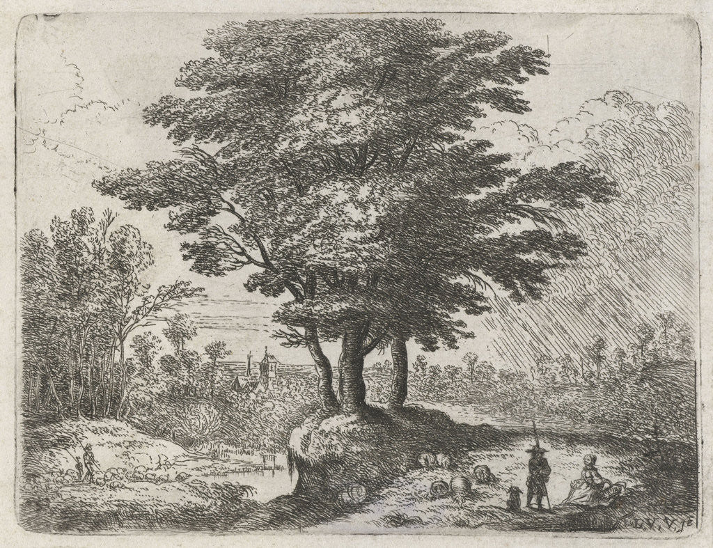 Detail of Three trees, a shepherd with sheep and a dog by Lucas van Uden