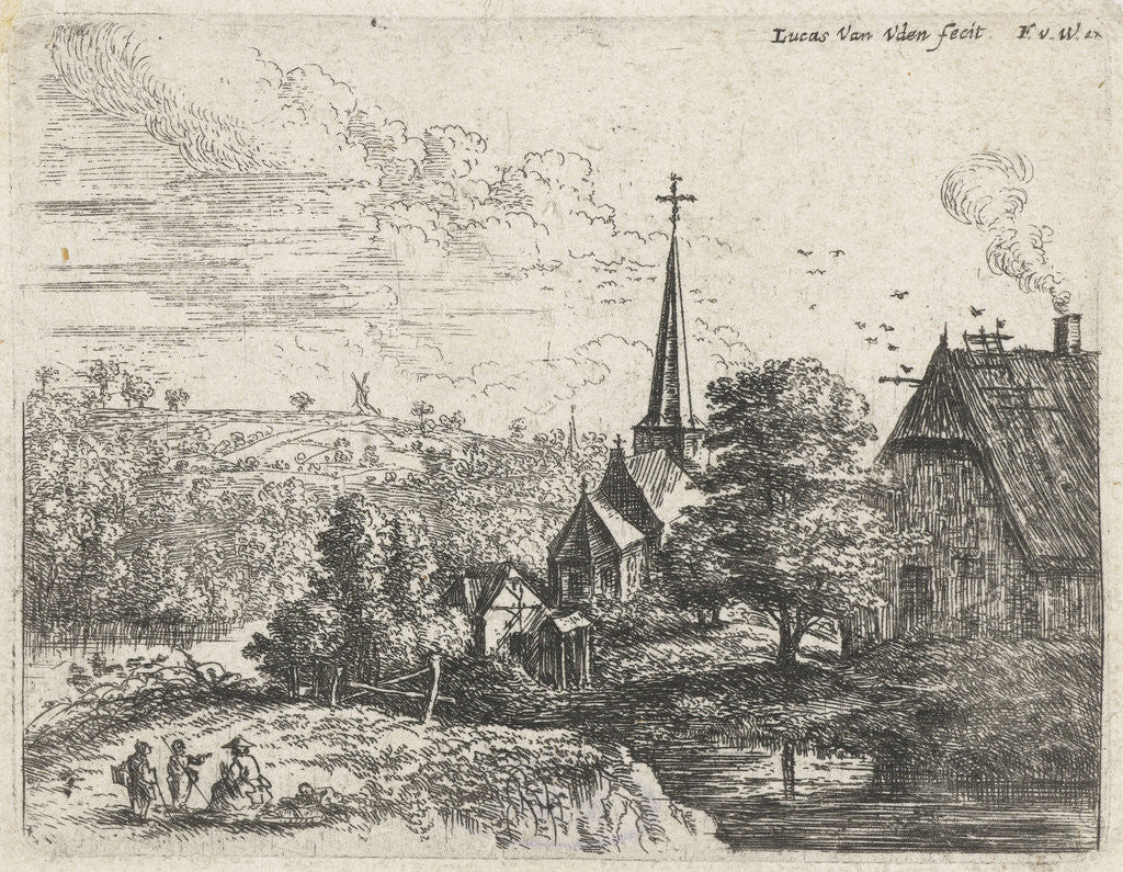 Detail of Landscape with a river running through a small village with a church by Lucas van Uden