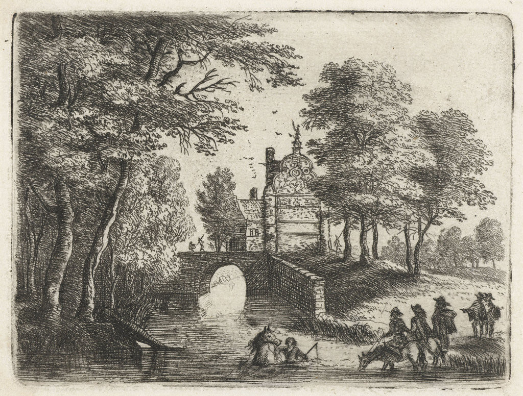 Detail of Landscape with a river, a bridge and horsemen by Lucas van Uden