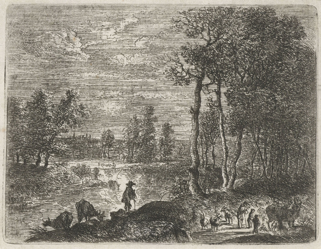 Detail of Landscape at night with farmers and livestock by Paulus Potter
