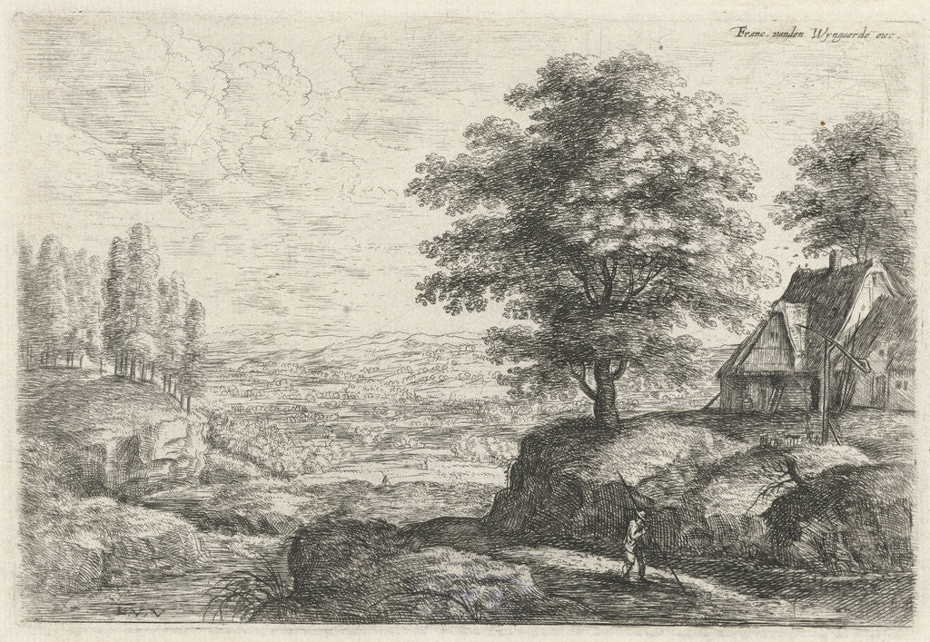 Detail of Landscape with a man with staff walking past a farm with well by Lucas van Uden