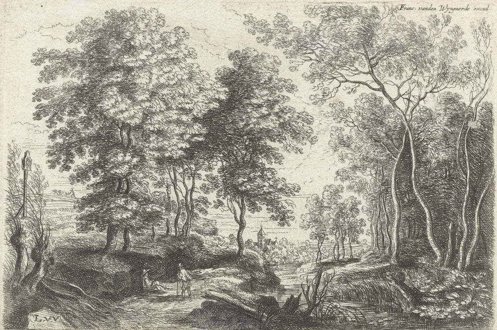 Detail of Landscape with a stream through a forest by Frans van den Wijngaerde