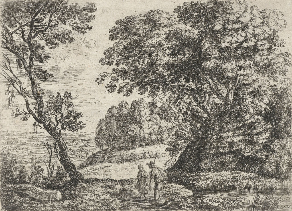 Detail of Landscape with a man and woman in conversation by Lucas van Uden