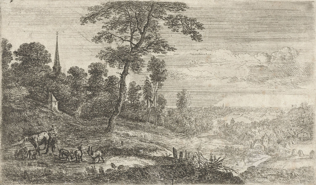 A herdsman with one cow and five goats, in the distance several church towers can be seen in the landscape by Lucas van Uden