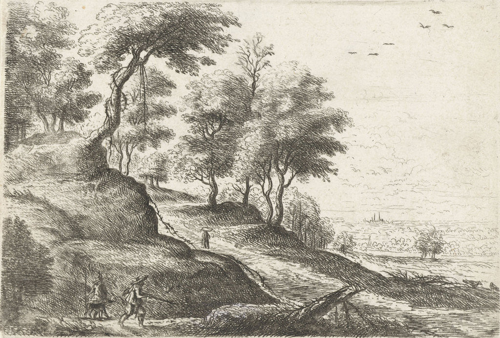 Detail of Landscape with two hunters and their dogs by Philips Augustijn Immenraet