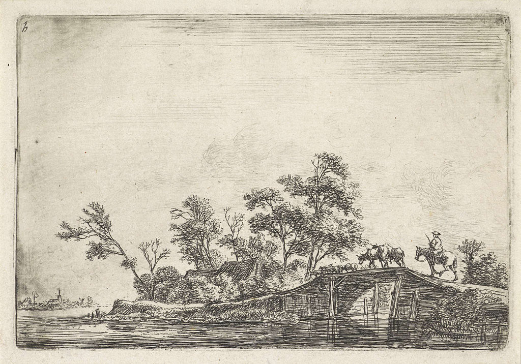 Detail of Shepherd with cattle on a wooden bridge by Anthonie Waterloo