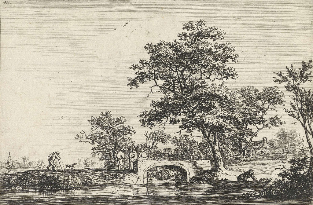 Detail of Figures at a stone bridge by Anthonie Waterloo