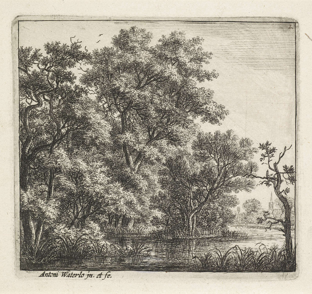 Detail of On the left is a wooded island and shown on the right in the distance is a church by Anthonie Waterloo