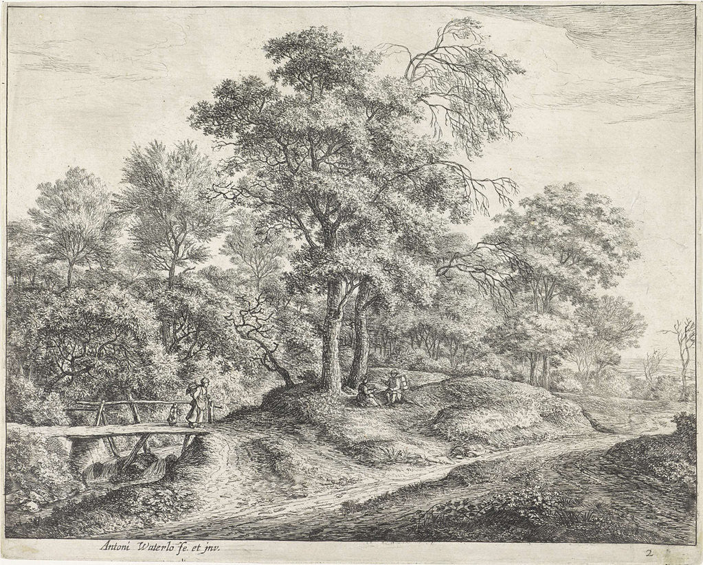 Detail of Woman with child on a wooden bridge by Anthonie Waterloo