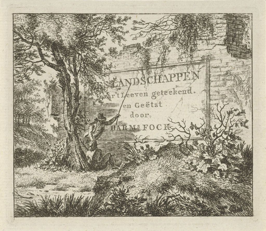 Detail of A man pointing a long stick to the inscription on a wall in a forest, while watching a second man, sitting against a tree by Hermanus Fock