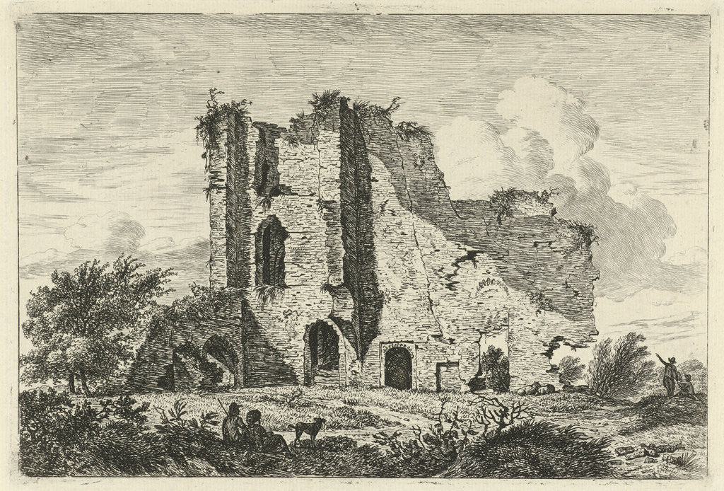Detail of Shepherds with dog near a ruin by Hermanus Fock