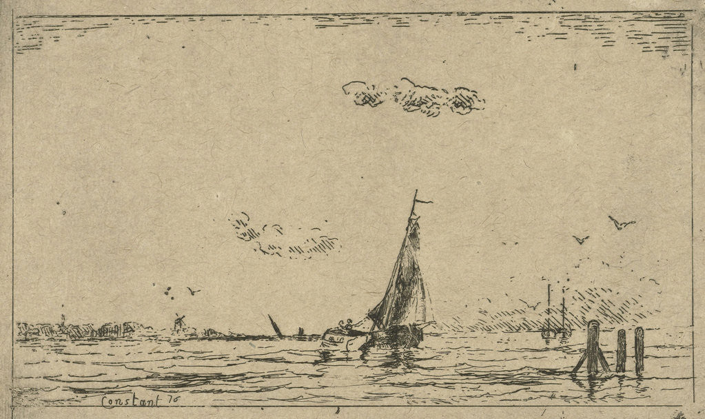 Detail of River view with sailing ship by Jan Daniël Cornelis Carel Willem baron de Constant Rebecque