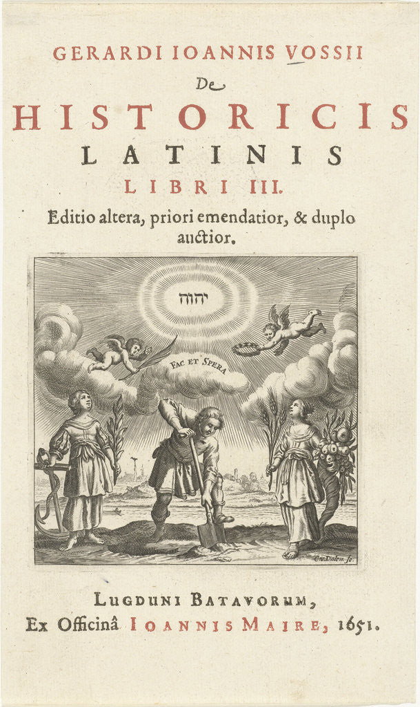 Detail of Man holds shovel in the ground standing between personifications of Hope and Abundance by Cornelis van Dalen I Joannes Maire