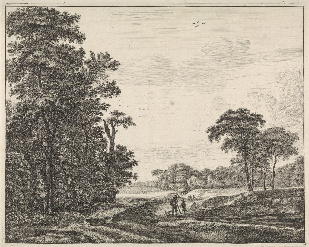 Detail of On a path on the edge of The Hague Forest, walk a few walkers and a dog by Roelant Roghman