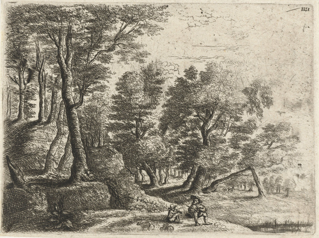 Detail of Wooded landscape with a seated shepherd and a boy playing on a flute by Philips Augustijn Immenraet
