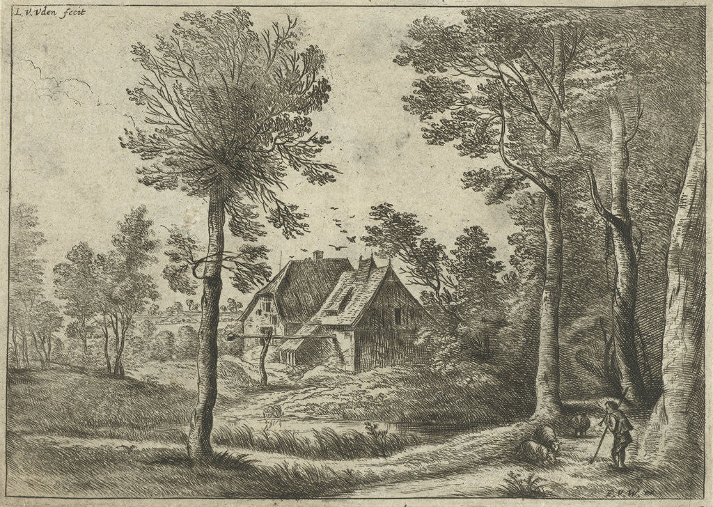 Detail of Landscape with a flute-playing shepherd at a farm by Lucas van Uden