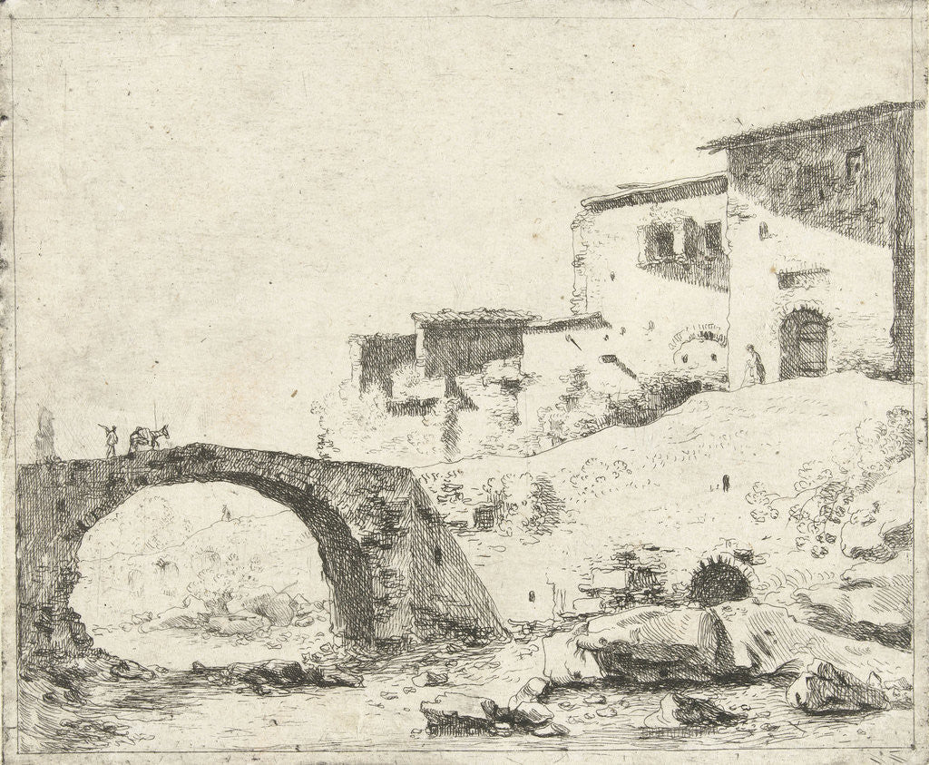 Detail of Stone bridge with donkey driver at homes by Cornelis van Poelenburch