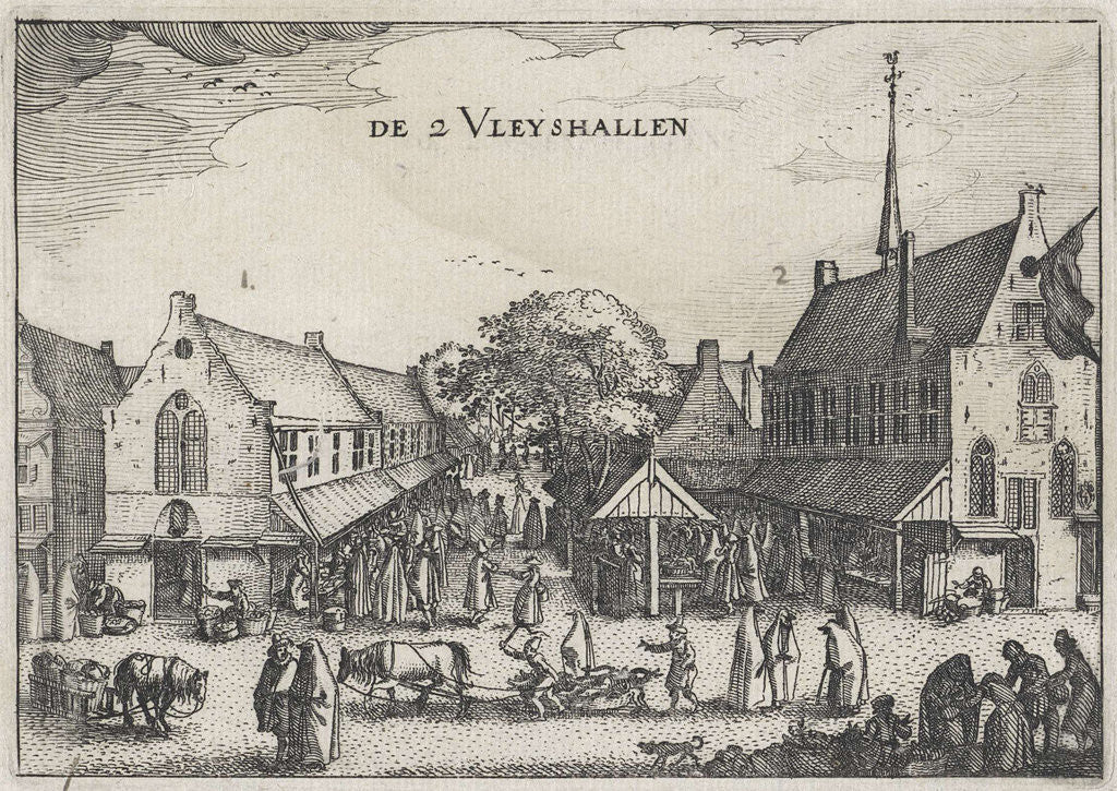 Detail of Large and small meat market in Amsterdam by Claes Jansz. Visscher II