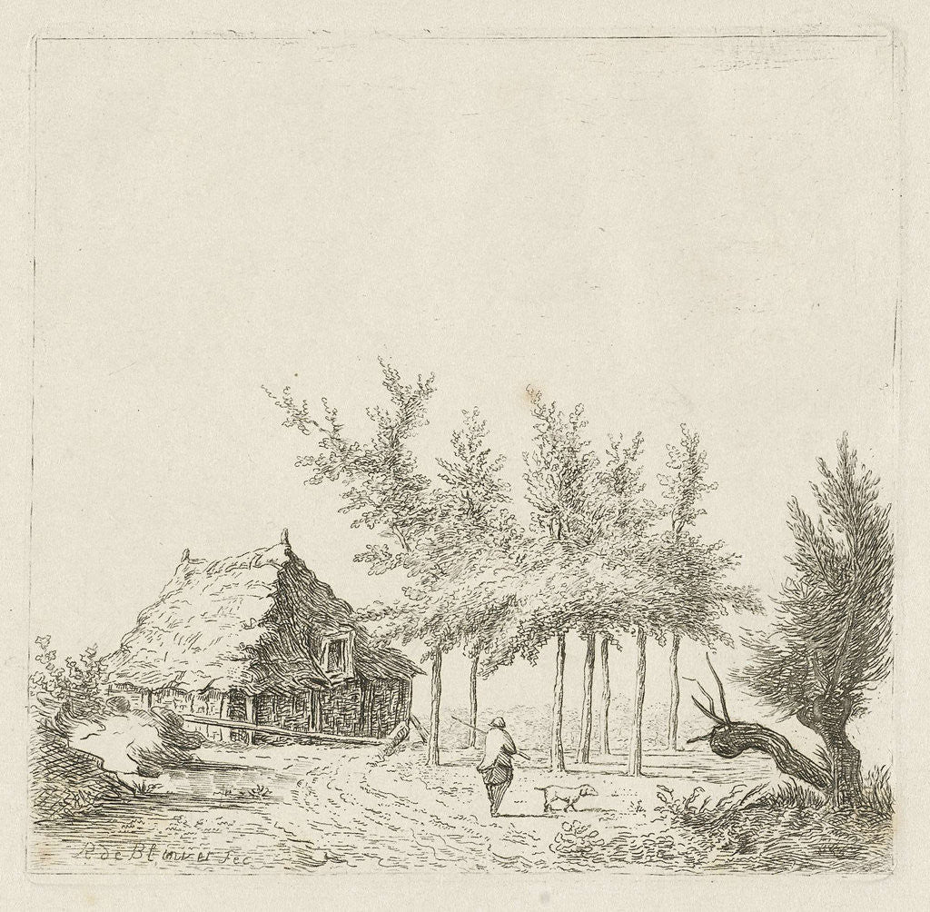 Detail of Man with dog at a farm by baron Reinierus Albertus Ludovicus van Isendoorn à Blois