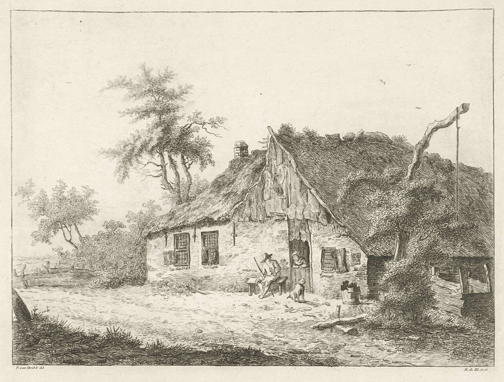 Detail of A farm with a thatched roof, a peasant woman is leaning on the lower door, next door a farmer sitting on a bench and a dog by baron Reinierus Albertus Ludovicus van Isendoorn à Blois