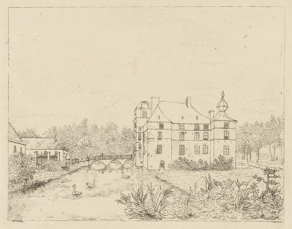Detail of Side view of the castle Cannenburch with houses in the access by baron Reinierus Albertus Ludovicus van Isendoorn a Blois