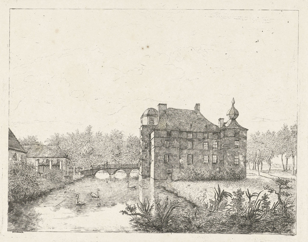 Detail of Side view of the castle Cannenburch with houses in the access by baron Reinierus Albertus Ludovicus van Isendoorn à Blois