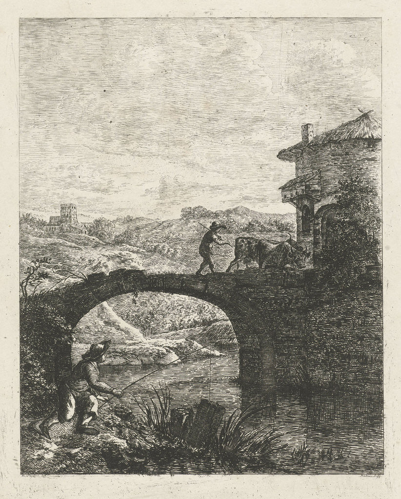 Detail of Fisherman at a bridge by baron Reinierus Albertus Ludovicus van Isendoorn à Blois