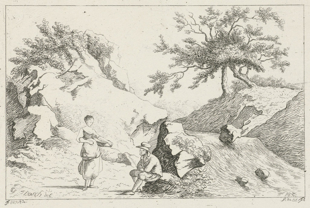 Detail of Man and woman at waterfall by baron Reinierus Albertus Ludovicus van Isendoorn à Blois