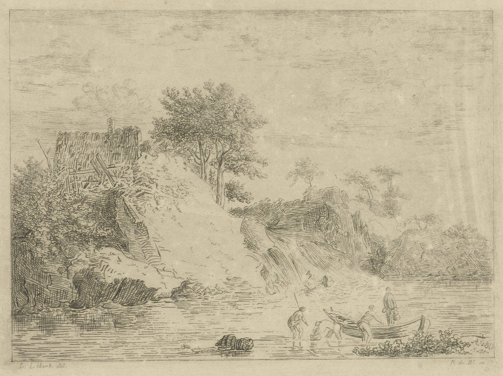 Detail of A lake and a barge containing a standing man, three men stand in the water by baron Reinierus Albertus Ludovicus van Isendoorn à Blois