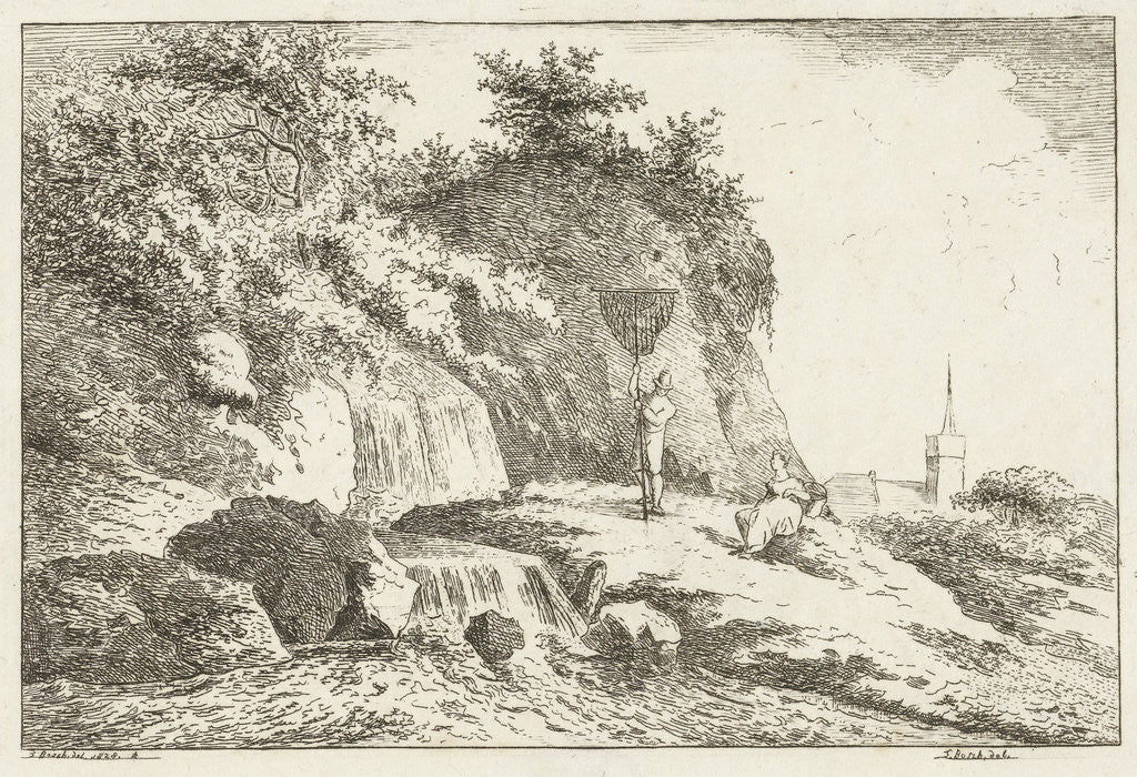 Detail of Landscape with waterfall and church by baron Reinierus Albertus Ludovicus van Isendoorn a Blois