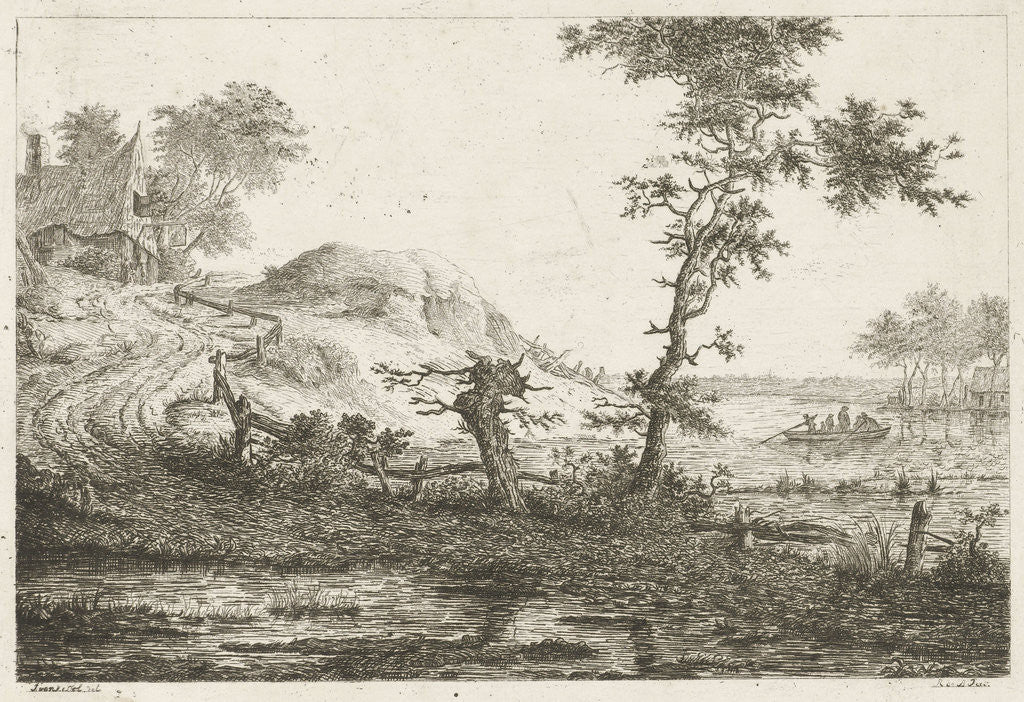 Detail of A road leads to a tavern with a sign left on the hill, right on the water sailing a boat with passengers by baron Reinierus Albertus Ludovicus van Isendoorn à Blois