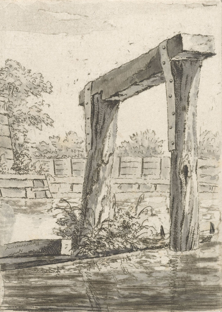 Detail of Two posts, with a bar above it, in the water by Anonymous